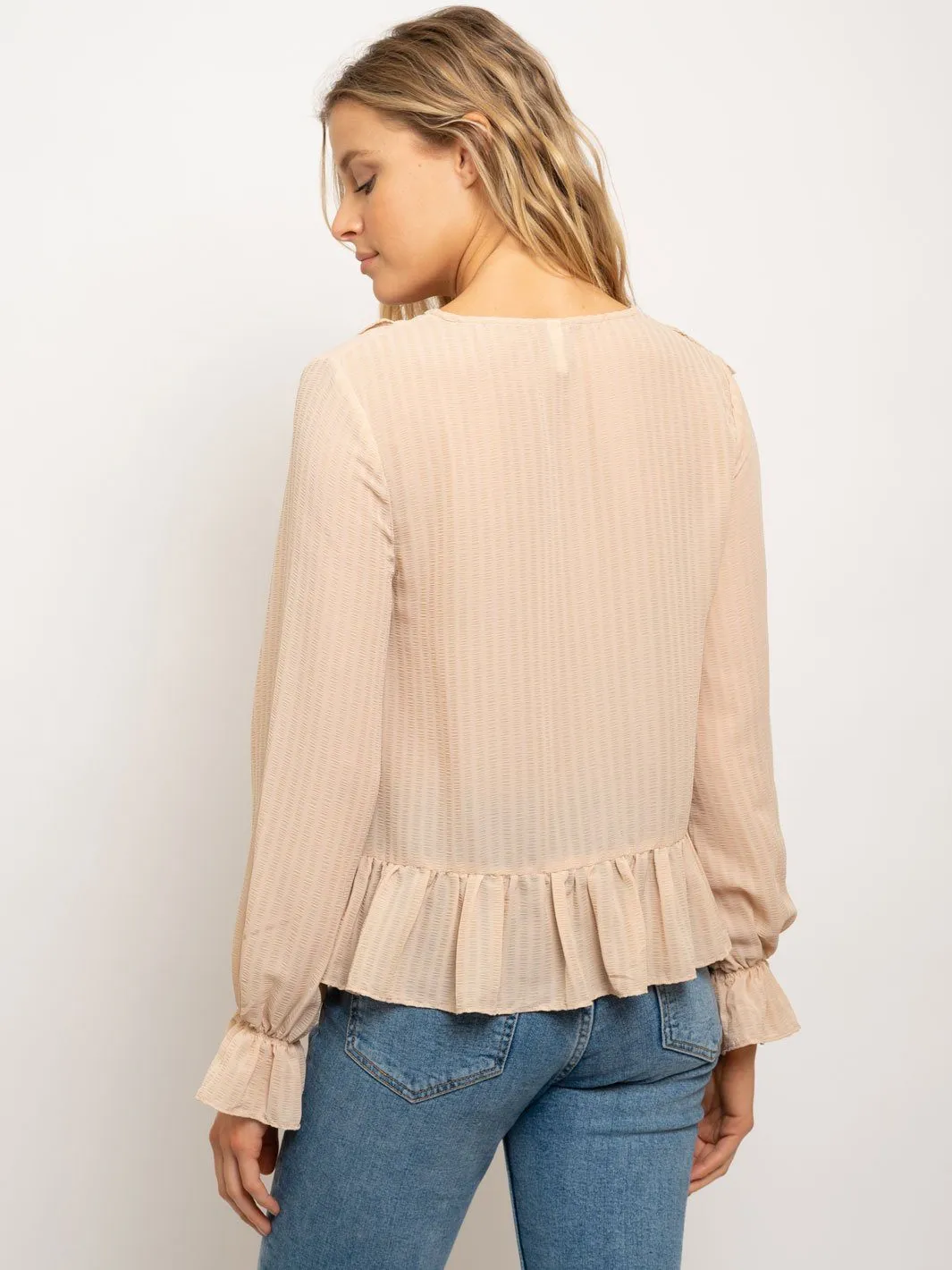 WOMEN'S V-NECK RUFFLE BABY BELL LONG SLEEVES TOP