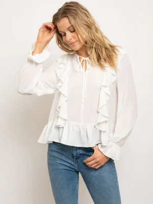 WOMEN'S V-NECK RUFFLE BABY BELL LONG SLEEVES TOP