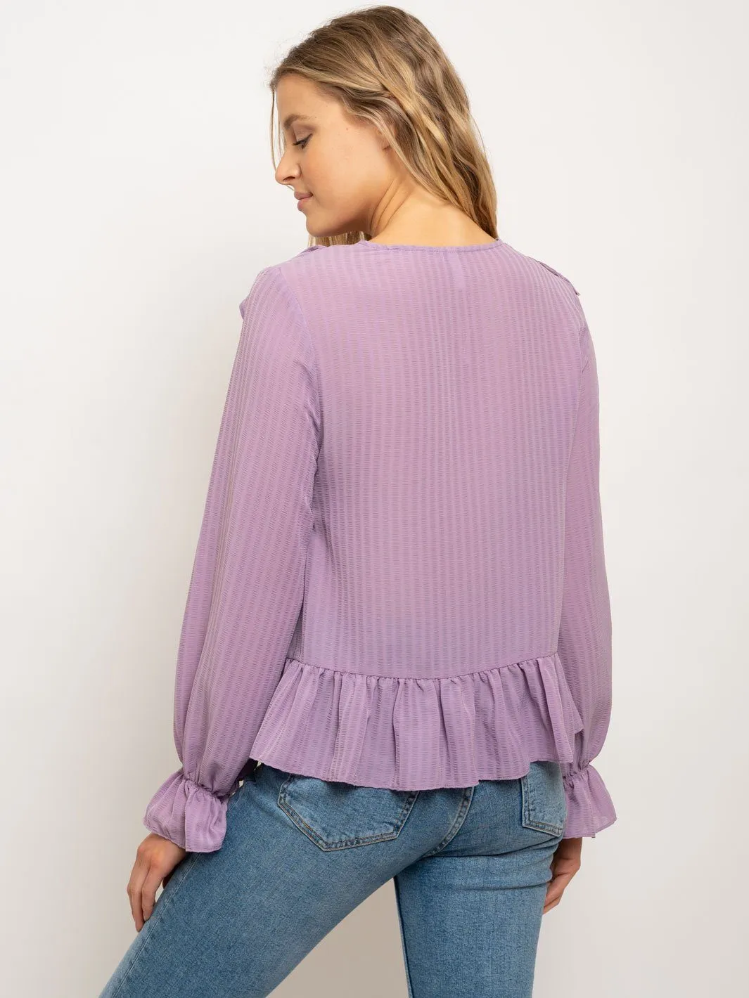 WOMEN'S V-NECK RUFFLE BABY BELL LONG SLEEVES TOP