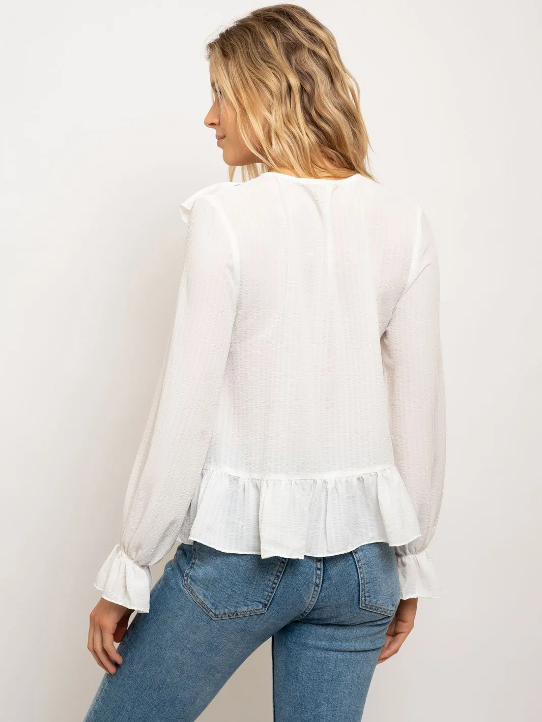 WOMEN'S V-NECK RUFFLE BABY BELL LONG SLEEVES TOP