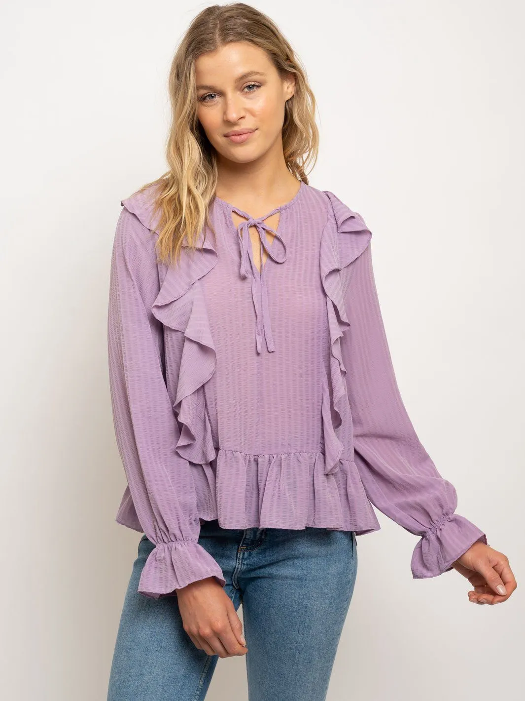 WOMEN'S V-NECK RUFFLE BABY BELL LONG SLEEVES TOP
