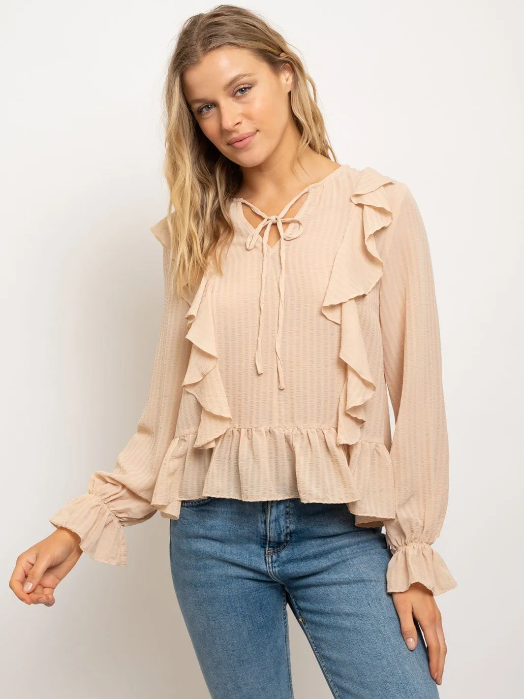 WOMEN'S V-NECK RUFFLE BABY BELL LONG SLEEVES TOP