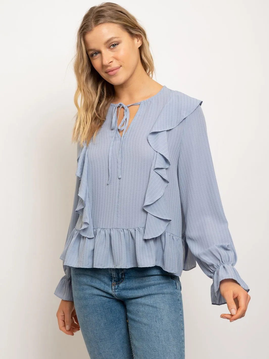 WOMEN'S V-NECK RUFFLE BABY BELL LONG SLEEVES TOP