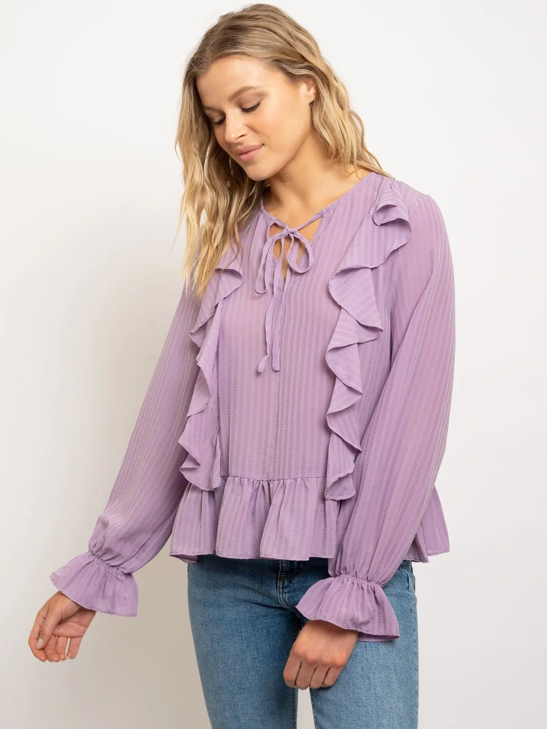 WOMEN'S V-NECK RUFFLE BABY BELL LONG SLEEVES TOP