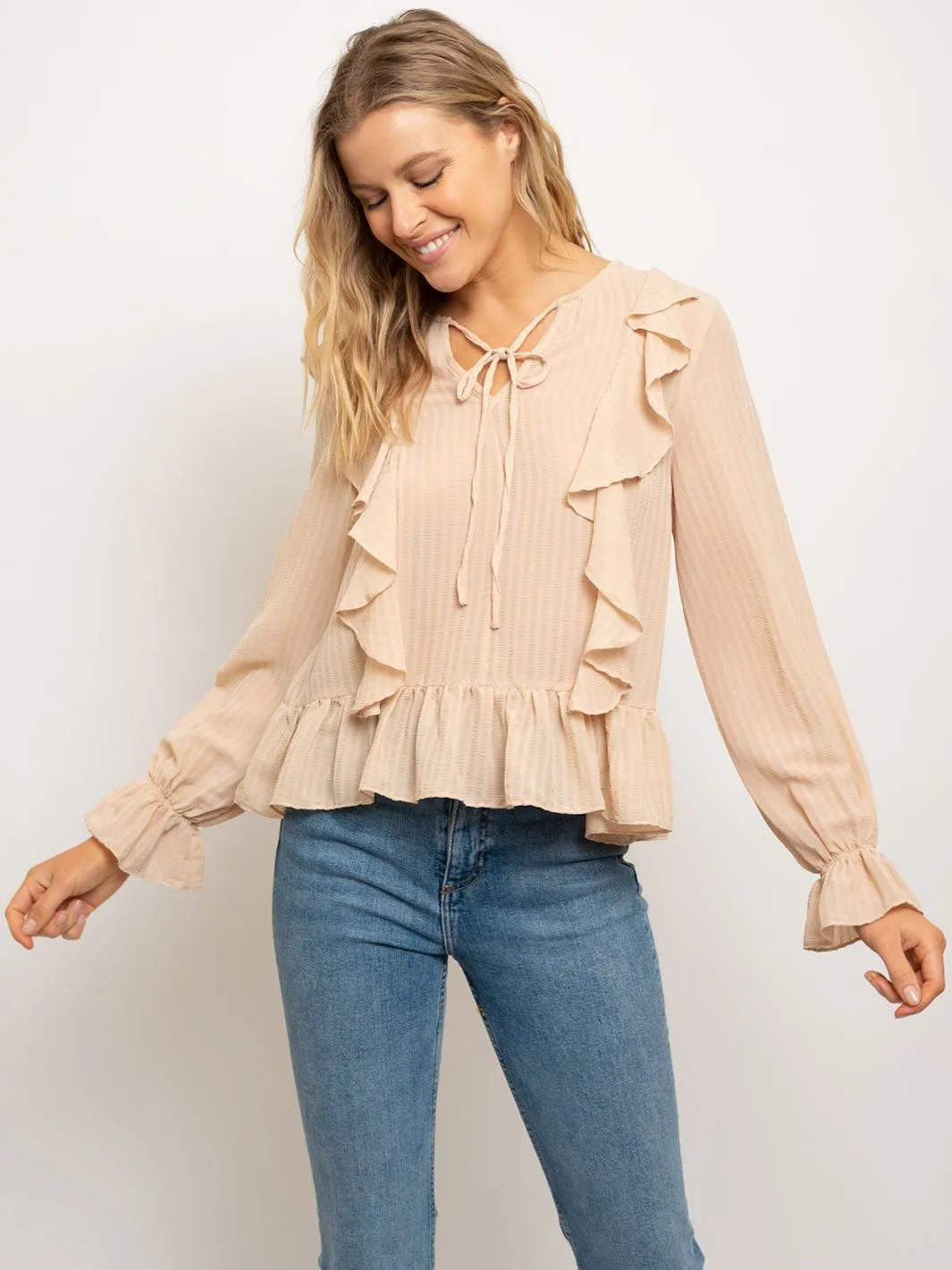 WOMEN'S V-NECK RUFFLE BABY BELL LONG SLEEVES TOP