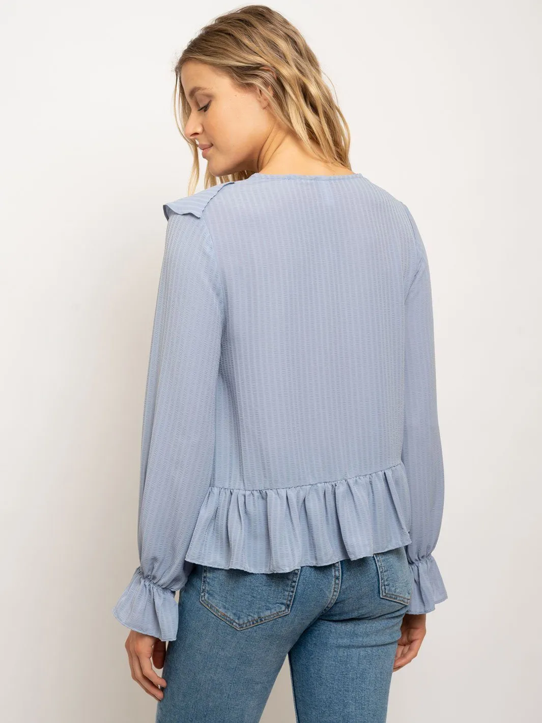 WOMEN'S V-NECK RUFFLE BABY BELL LONG SLEEVES TOP