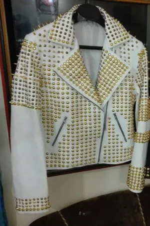 Women's White Golden Studded Leather Motorcycle Jacket