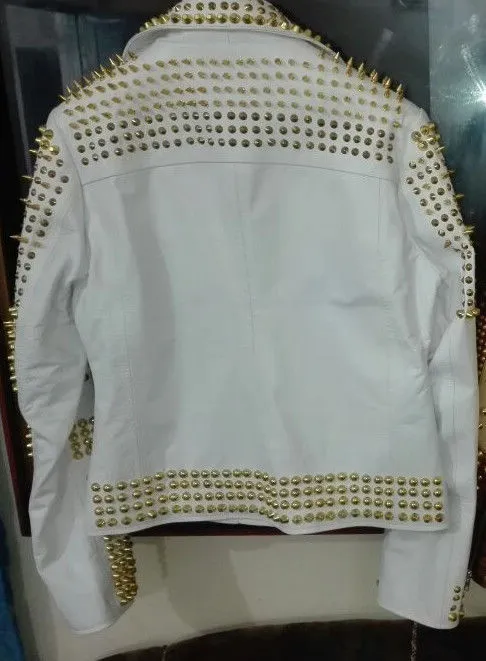 Women's White Golden Studded Leather Motorcycle Jacket