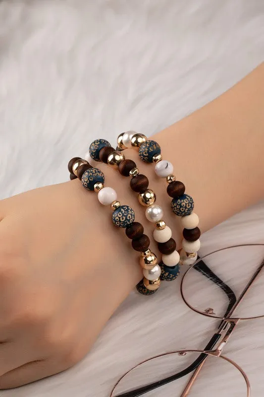Wood carved bracelet set of 3 strands