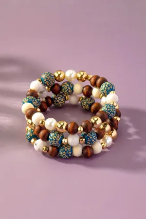 Wood carved bracelet set of 3 strands