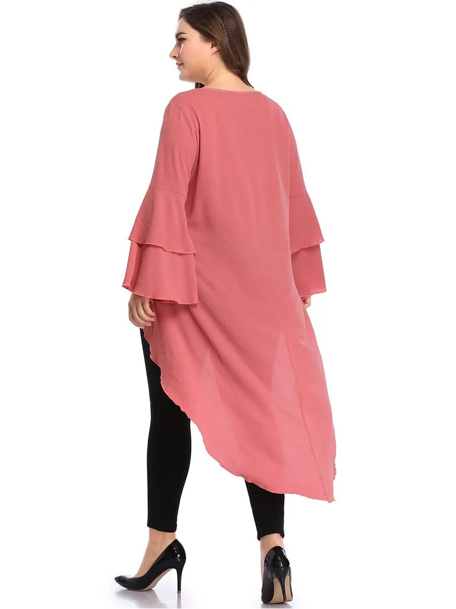 XL Lotus Leaf Long Sleeve Front Short Long Irregular Hem Top