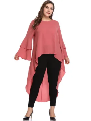 XL Lotus Leaf Long Sleeve Front Short Long Irregular Hem Top