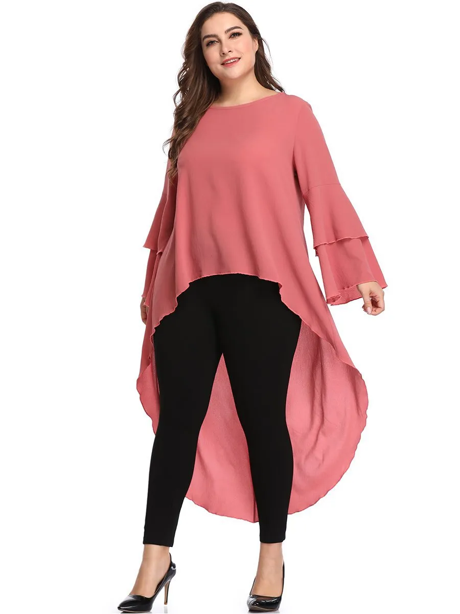 XL Lotus Leaf Long Sleeve Front Short Long Irregular Hem Top