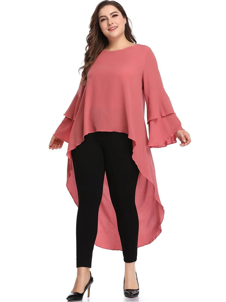 XL Lotus Leaf Long Sleeve Front Short Long Irregular Hem Top