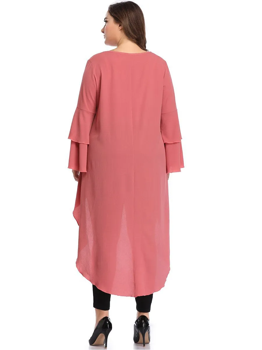 XL Lotus Leaf Long Sleeve Front Short Long Irregular Hem Top