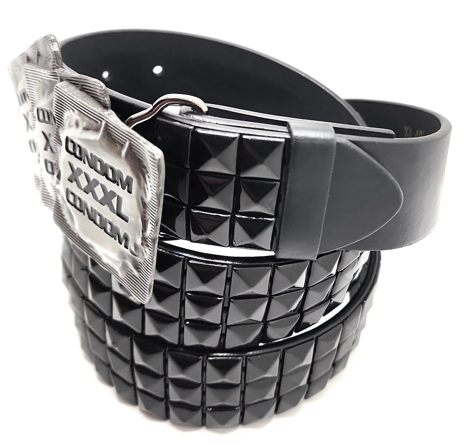 XXXL CONDOMS Belt Buckle and Pyramid Studded Belt