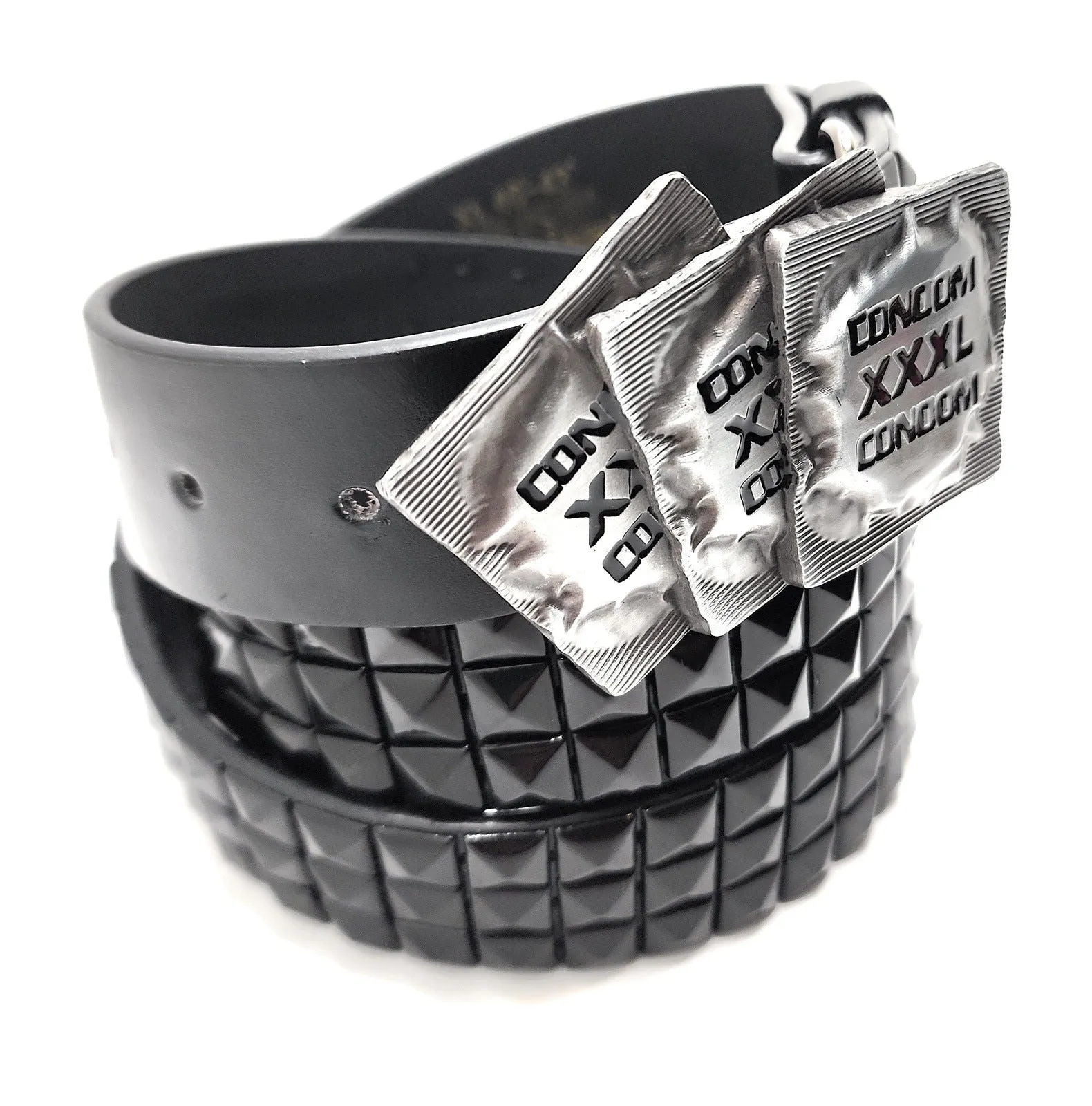 XXXL CONDOMS Belt Buckle and Pyramid Studded Belt