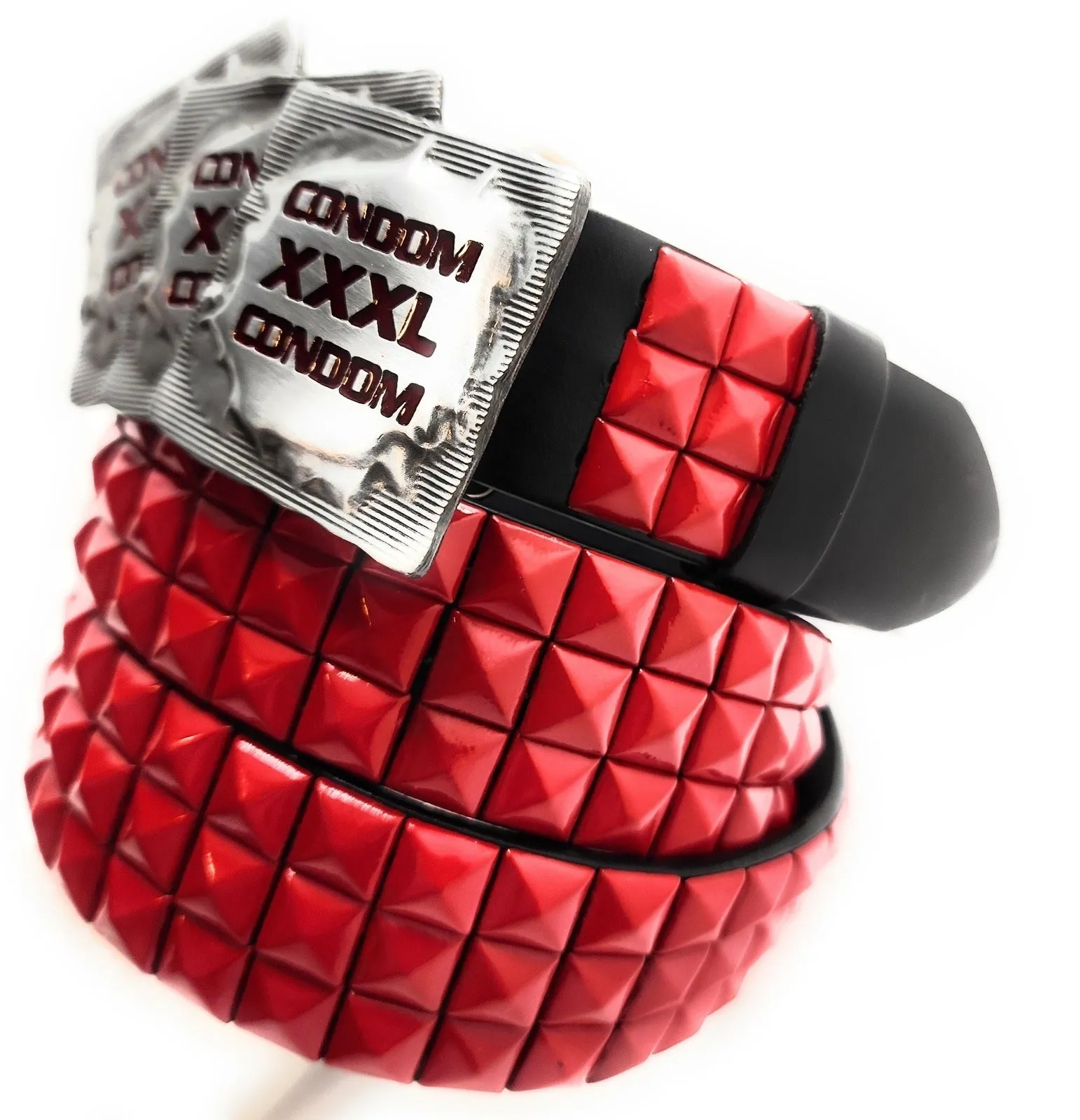 XXXL CONDOMS Belt Buckle and Pyramid Studded Belt