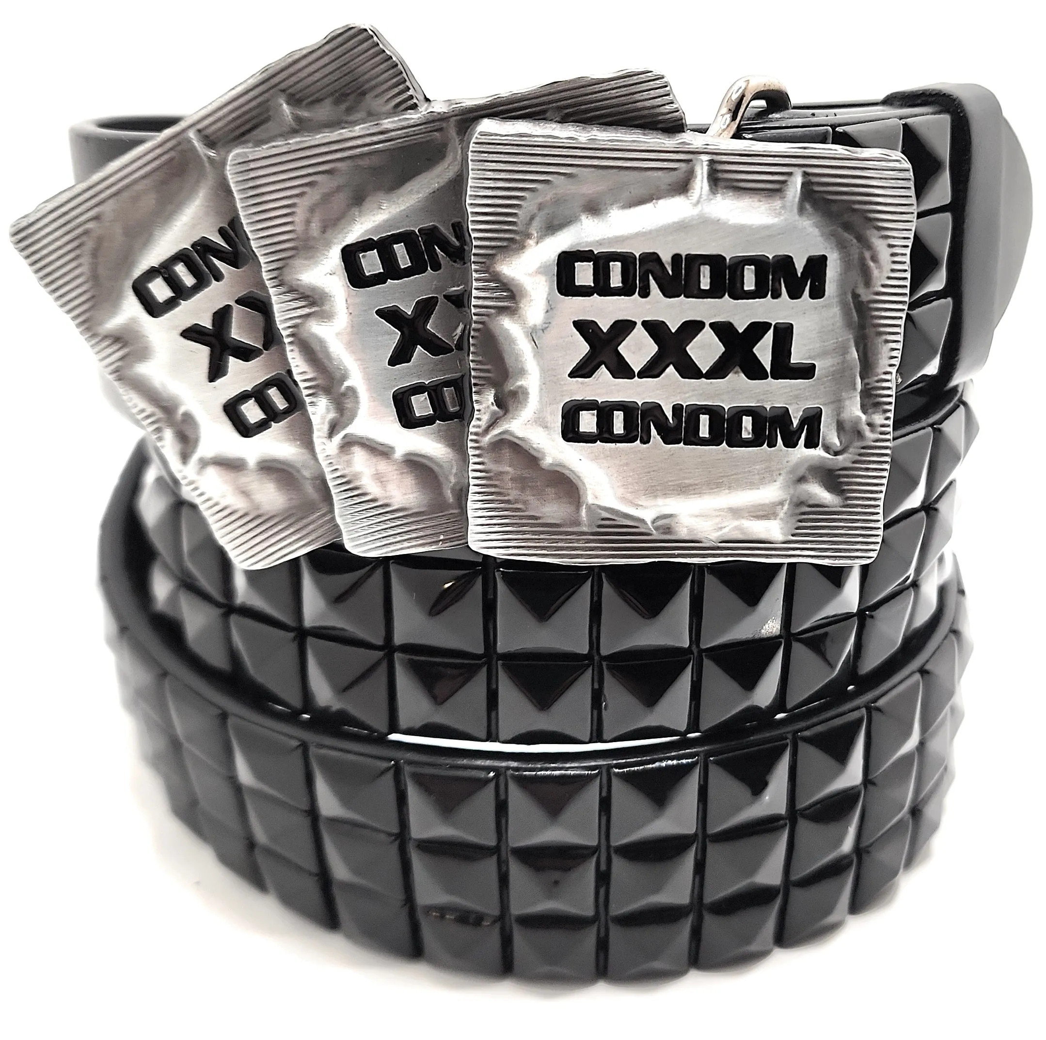 XXXL CONDOMS Belt Buckle and Pyramid Studded Belt