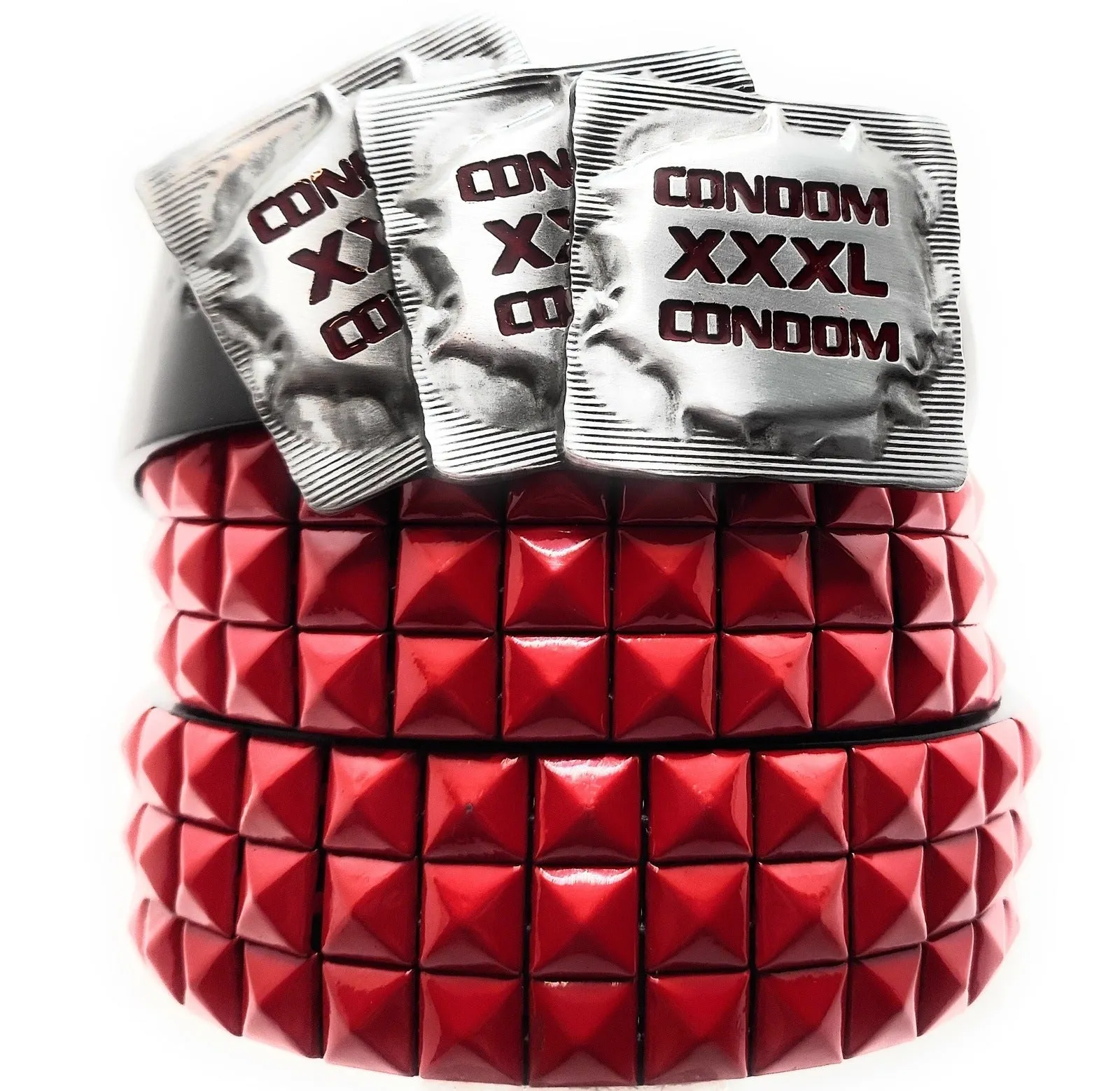 XXXL CONDOMS Belt Buckle and Pyramid Studded Belt