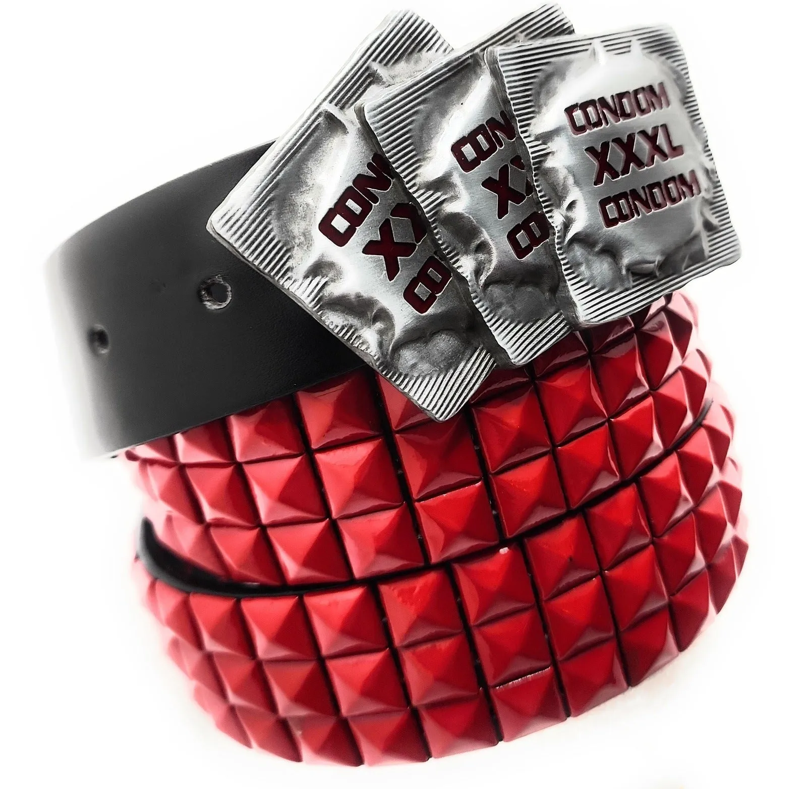 XXXL CONDOMS Belt Buckle and Pyramid Studded Belt