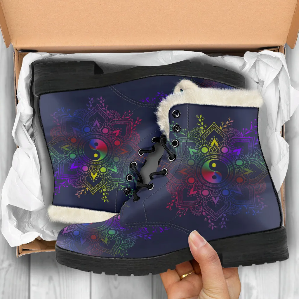 Yin Yang Mandala Faux Fur Eco-Friendly Leather Boots