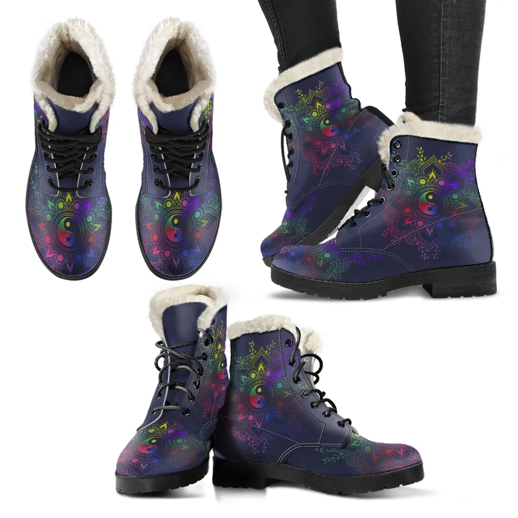 Yin Yang Mandala Faux Fur Eco-Friendly Leather Boots